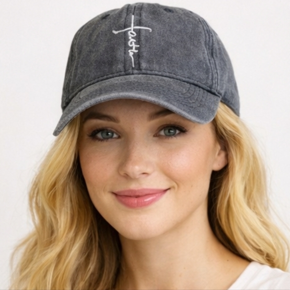 Faith Cross Embroidered Cotton Grey Baseball Cap Washed Adjustable Dad Hat